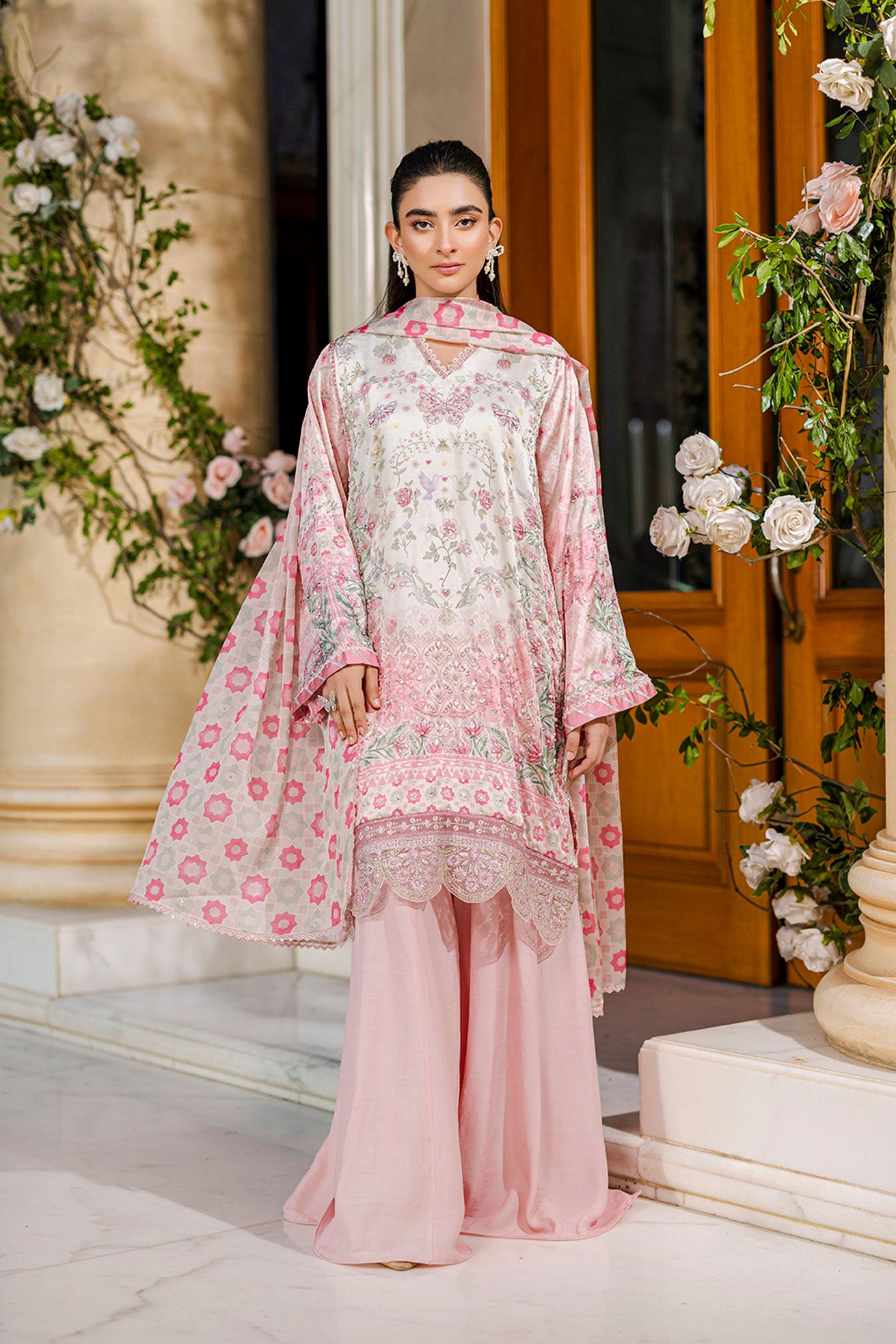 Silk Tunic 2-Pc Hand Embellished Shirt With Trouser Fw25da 2873 Pink