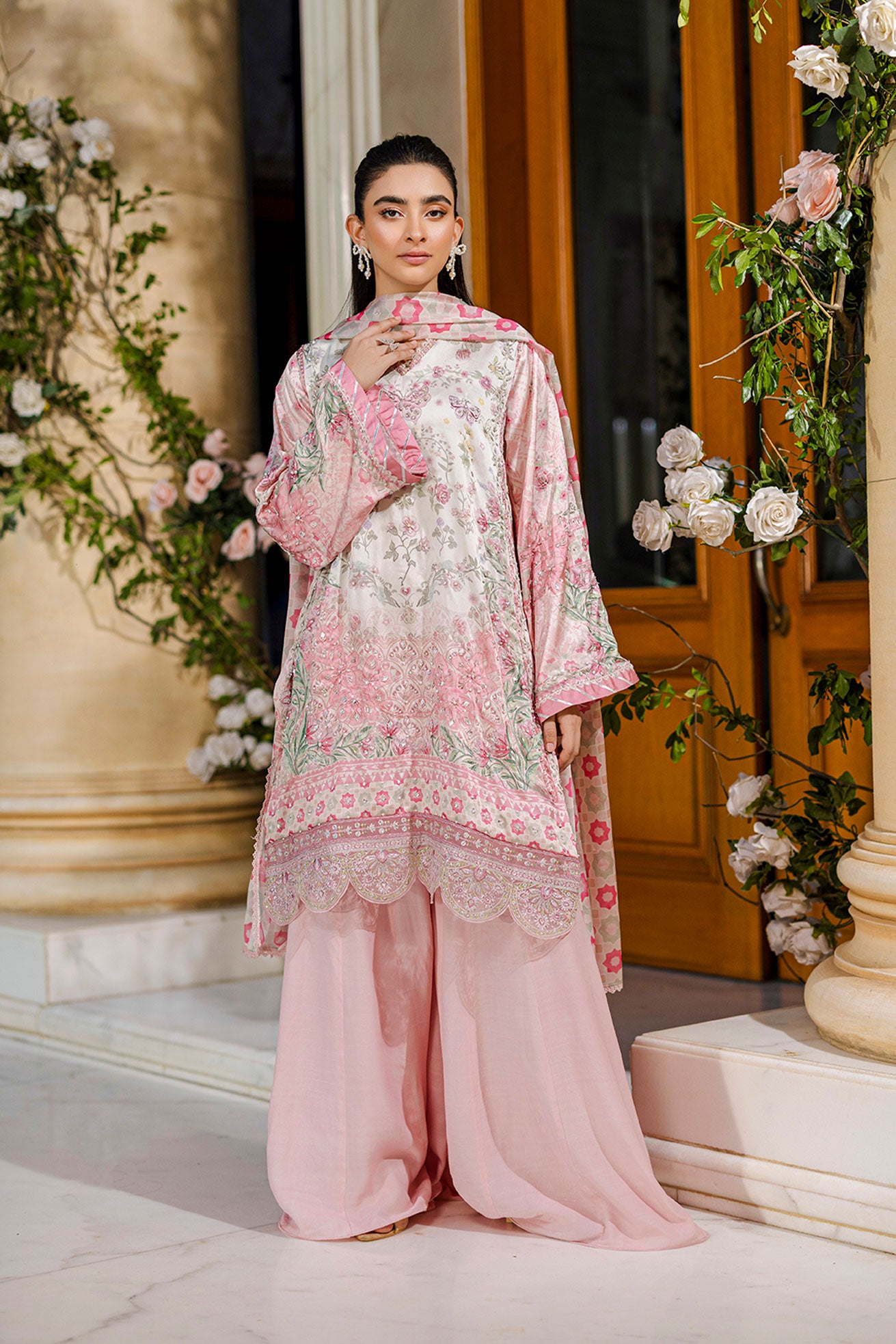 Silk Tunic 2-Pc Hand Embellished Shirt With Trouser Fw25da 2873 Pink