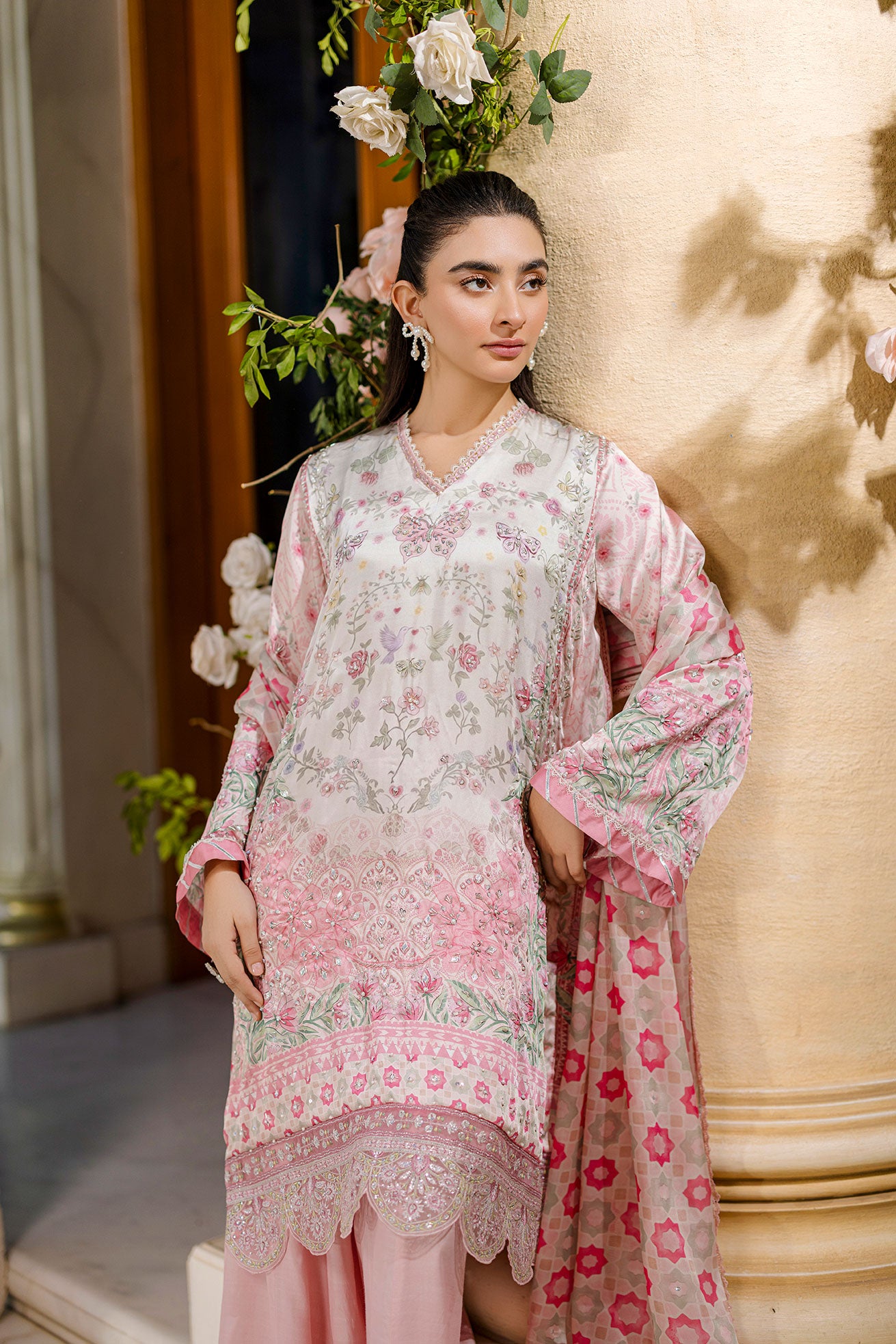 Silk Tunic 2-Pc Hand Embellished Shirt With Trouser Fw25da 2873 Pink