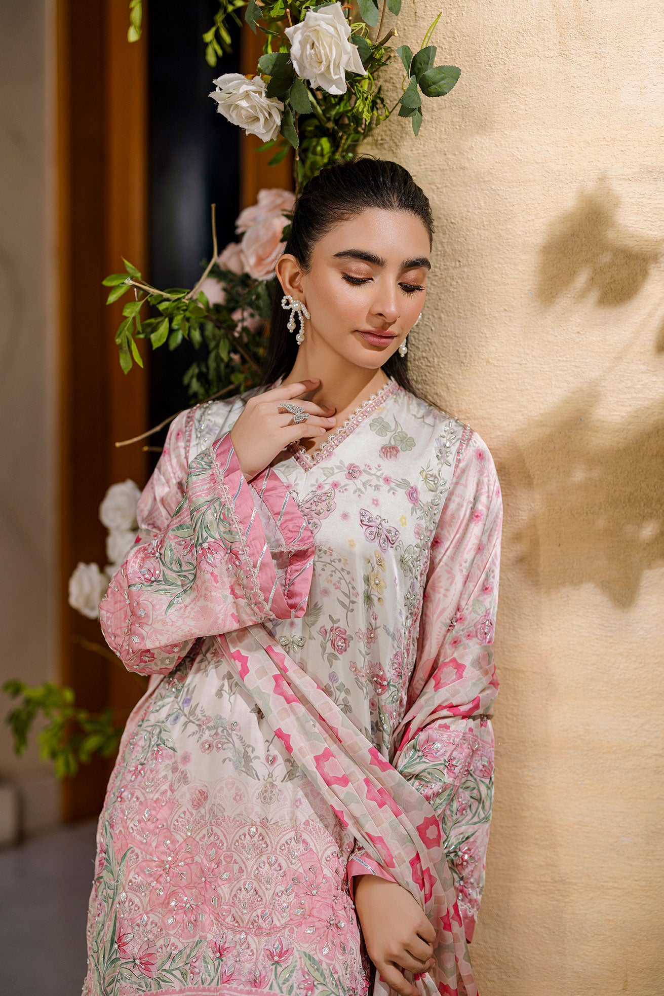 Silk Tunic 2-Pc Hand Embellished Shirt With Trouser Fw25da 2873 Pink