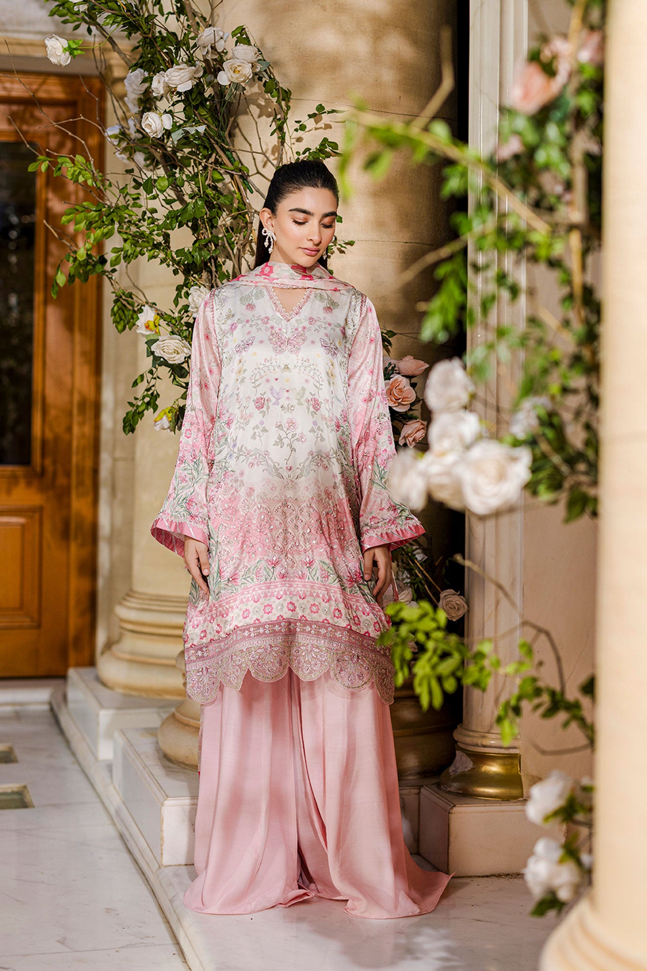 Silk Tunic 2-Pc Hand Embellished Shirt With Trouser Fw25da 2873 Pink