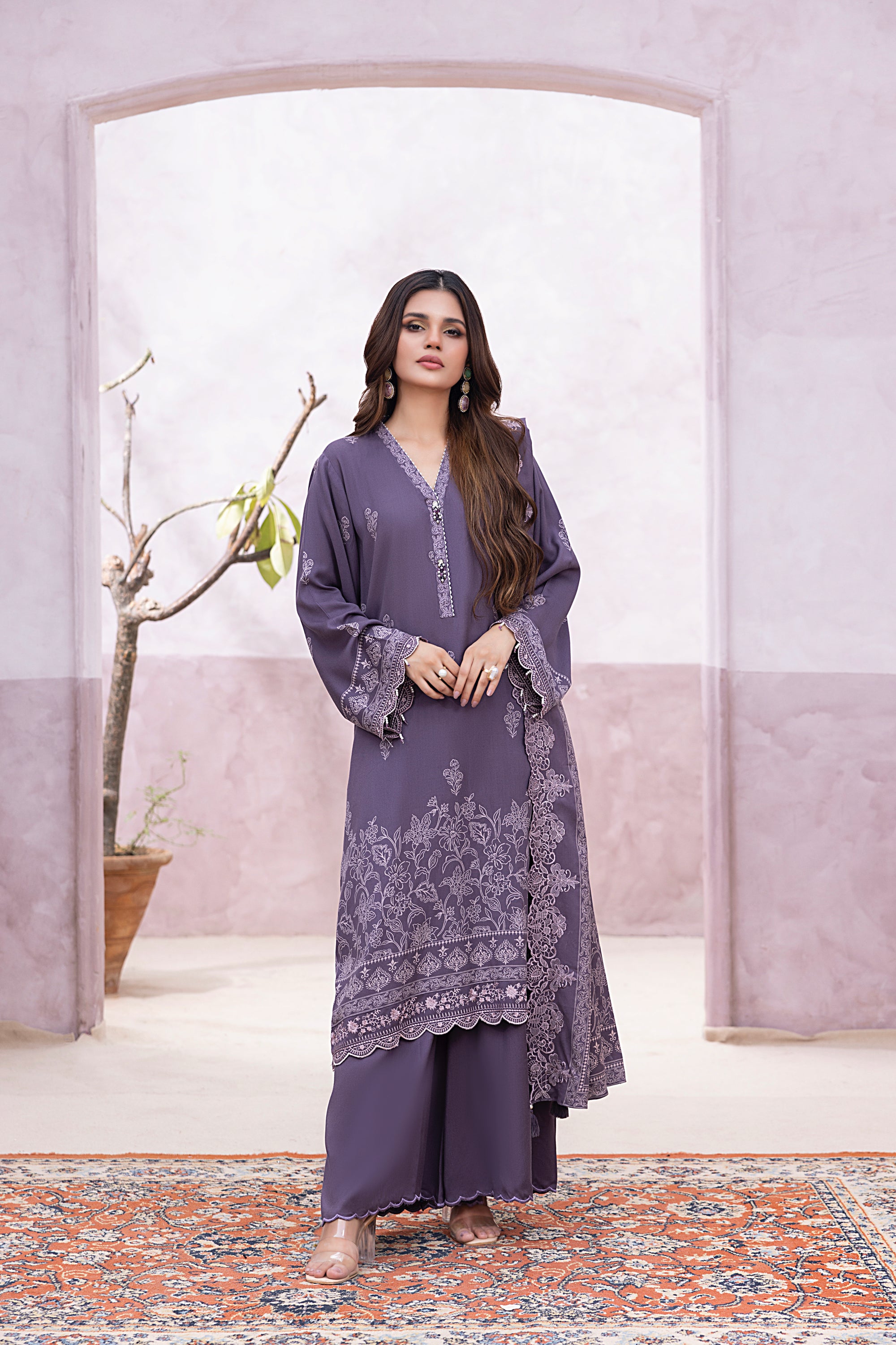03-pc Printed Embroidered Cashmi Wool