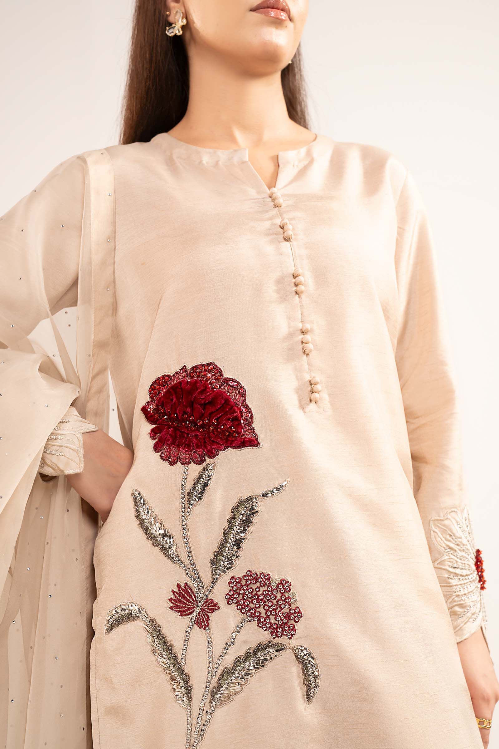 3-Pc Printed Raw Silk Suit