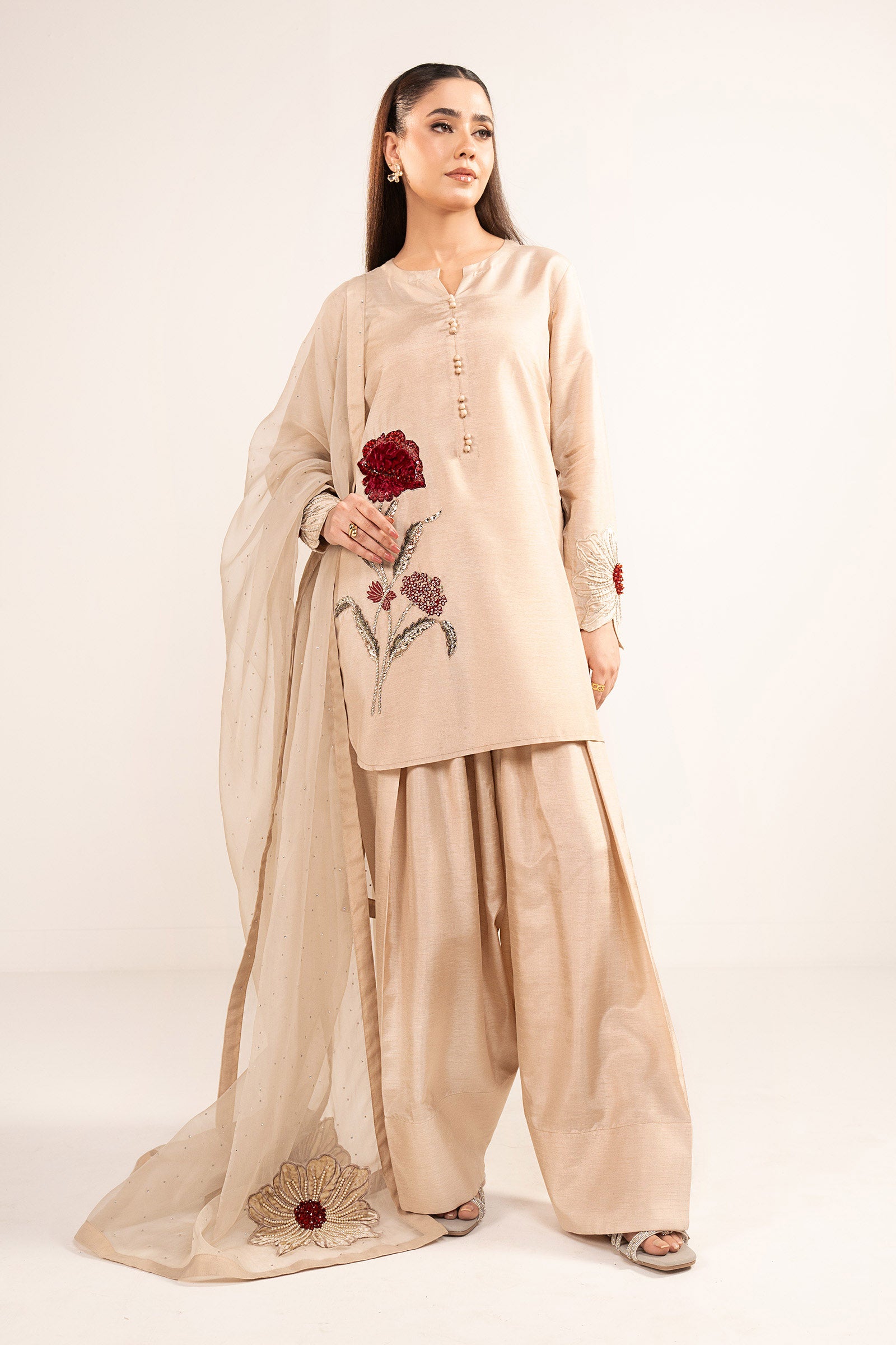 3-Pc Printed Raw Silk Suit