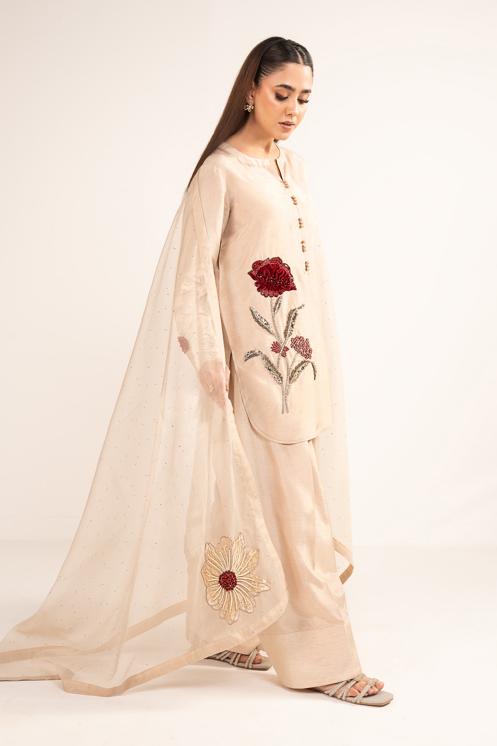 3-Pc Printed Raw Silk Suit