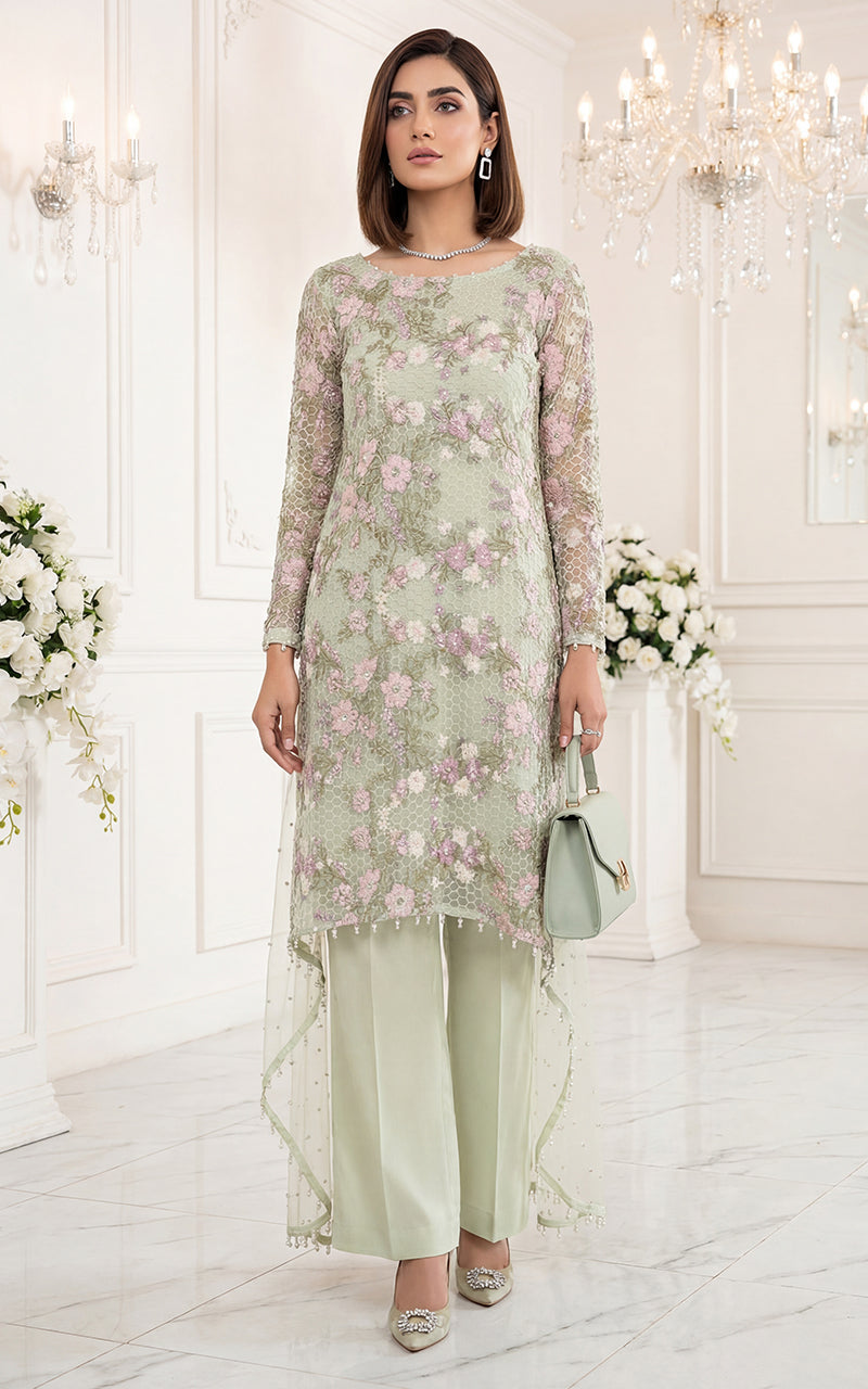 Embroidered Dress With Trouser